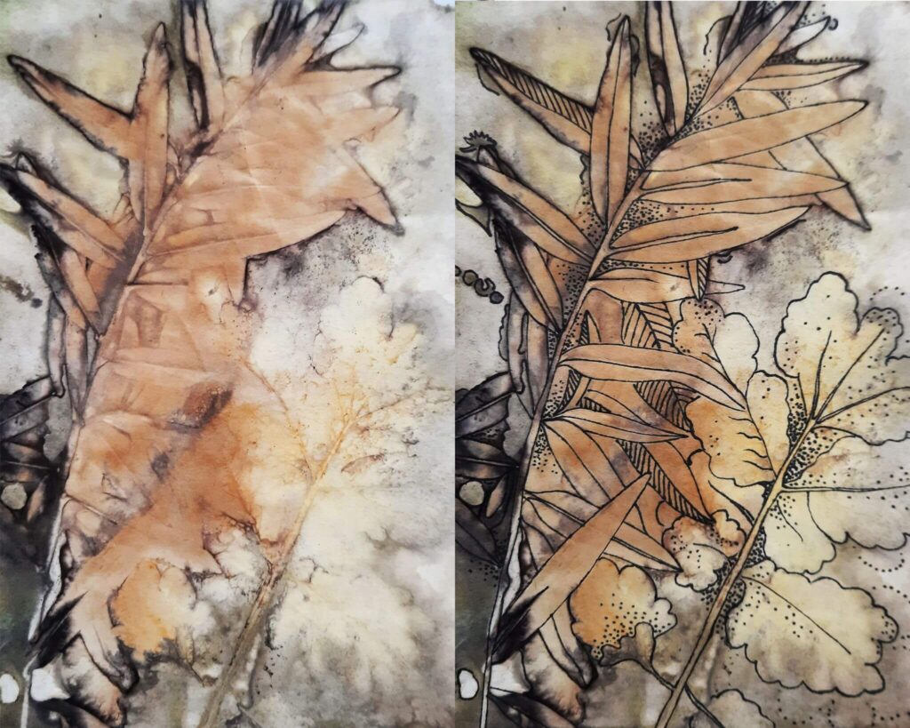 Piešinys ant eco print popieriaus