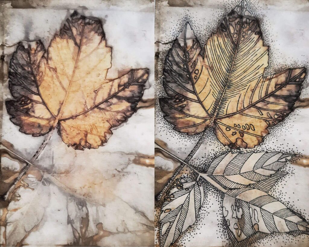 Piešinys ant eco print popieriaus